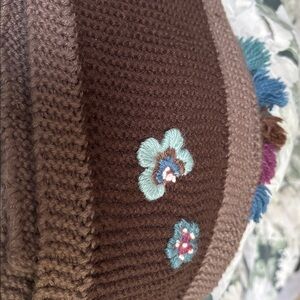 Little Journeys Brown Blue Alpaca Scarf Floral Embroidery Fall Winter Women’s